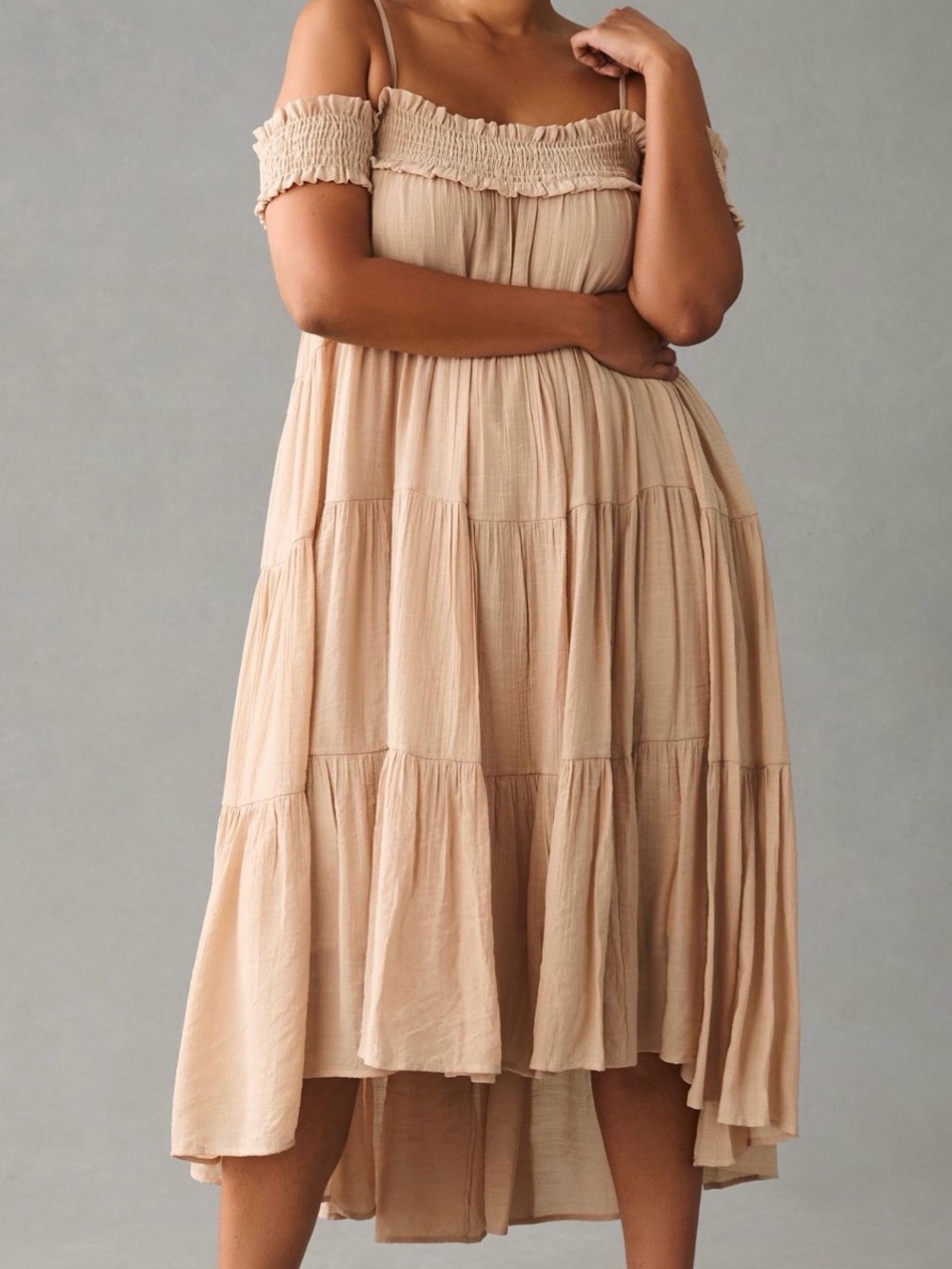 Anthropologie Beige High-Low Off-Shoulder Tiered Dress